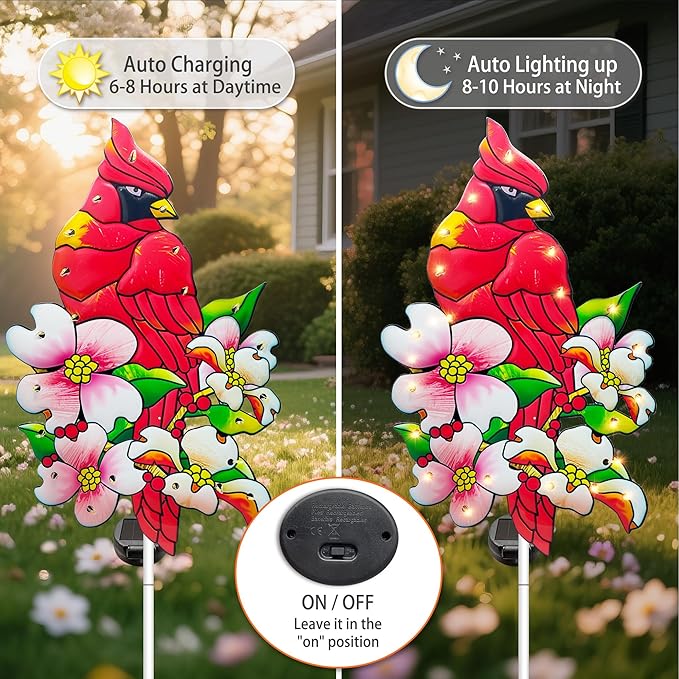 Hexagram Cardinal Garden Decor Yard Stakes, Lighted Metal Red Bird Garden Stakes Set of 2, Cardinal Solar Lights Outdoor Decor, Red Bird Yard Signs for Outside Pathway Lawn Porch Patio