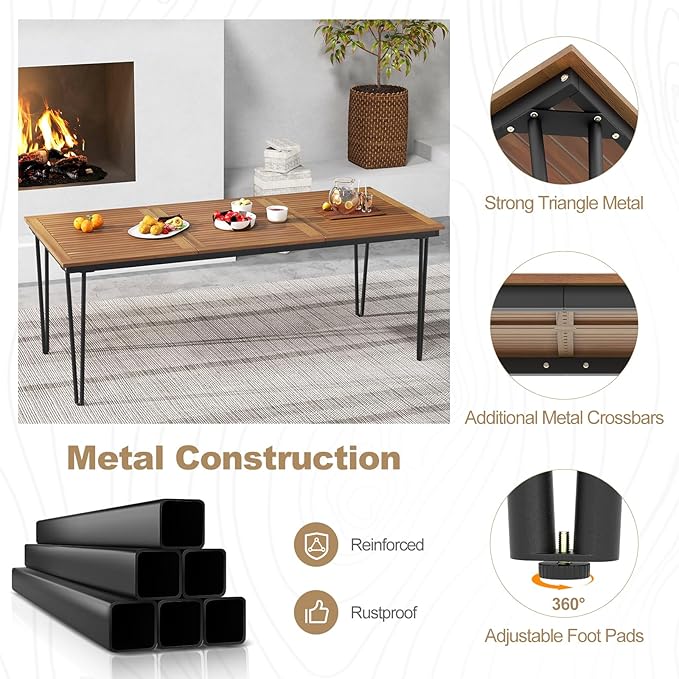 Tangkula 79 Inch Outdoor Dining Table for 8, Acacia Wood 8-Person Patio Table with 1.9 Inch Umbrella Hole, Metal Legs & Adjustable Foot Pads, Rectangular Outside Table for Garden, Poolside & Backyard