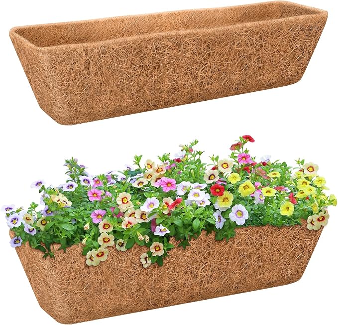 Riare 2 Pack 24 Inch Rectangle Coconut Liners for Planters, Natural Coconut Fiber Planter Liners, Window Box Liner Trough Coco Liner for Outdoor Flower, Garden Wall, Deck & Fence Planter Boxes
