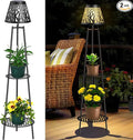 2 Pack 45.5'' Outdoor Floor Lamps with 2 Tier Plant Stand, Solar Powered Metal Waterproof Lights for Patio Deck Yard Garden Porch Decor