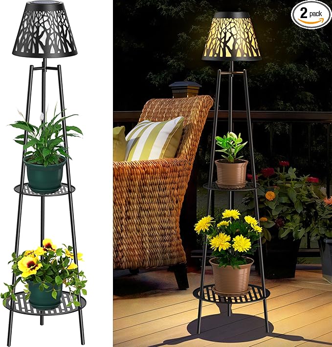 2 Pack 45.5'' Outdoor Floor Lamps with 2 Tier Plant Stand, Solar Powered Metal Waterproof Lights for Patio Deck Yard Garden Porch Decor
