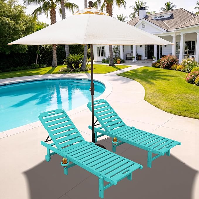 SERWALL Outdoor Chaise Lounge Set of 2 with 9FT Umbrella, HDPE Pool Lounge Chair with 5-Position Adjustable Backrest, Patio Lounger with Rolling Wheels & Cup Holder for Pool, Aruba