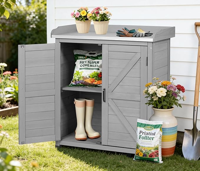 Outdoor Potting Bench with Storage Cabinet and Metal Top, Wood Workstation for Outdoor Patio, Garden (Classic Grey, 31.5x17x39‘’)