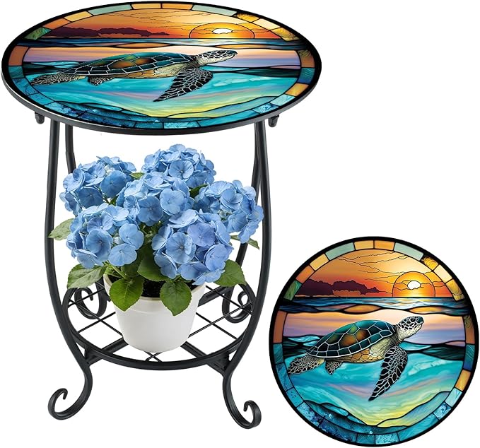 Outdoor Side Table Round Small Mosaic Patio Accent Indoor End Plant Coffee Tea Table for Yard Patio Porch Garden Living Room, Bedroom(Turtle Style,12 Inch)