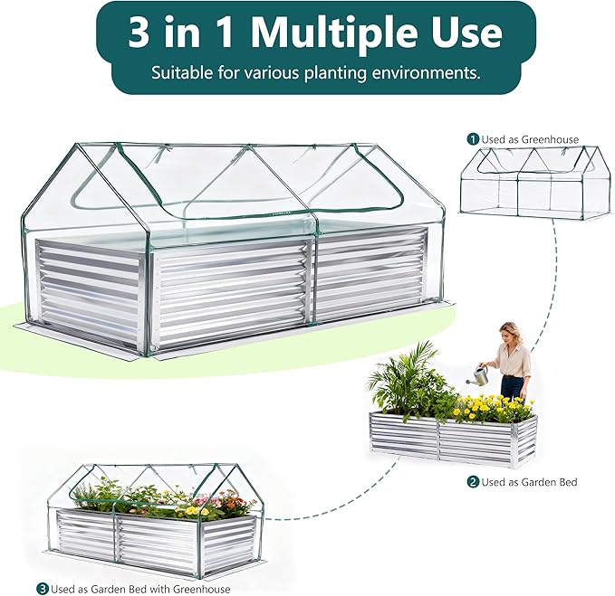 DUMOS Raised Garden Bed with Cover, 6x3x2ft Planter Box Outdoor for Deep-Rooted Herbs/Flowers/Vegetables, Large Metal Garden Bed Mini Greenhouse for Patio, Balcony and Backyard, Silver