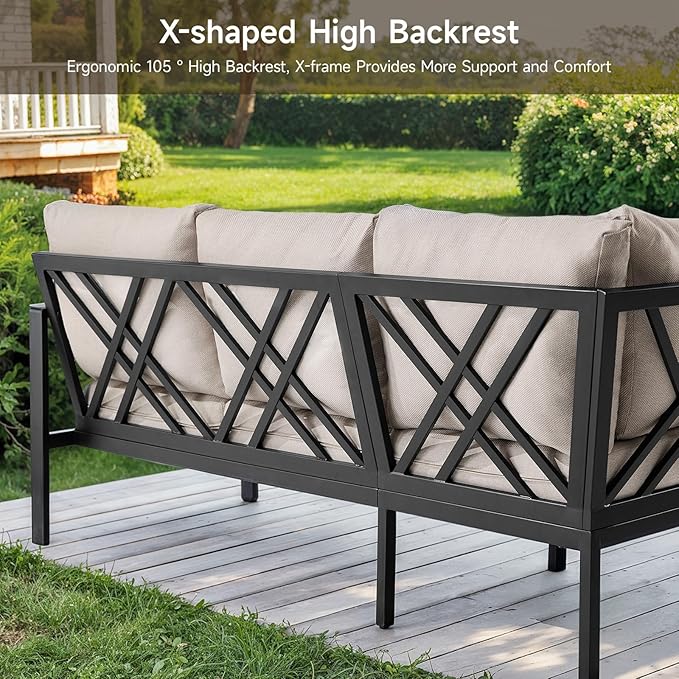 Patio Furniture Set, 6-piece Metal Sectional Furniture Sofa with Coffee Table, L Shaped Outdoor Couch with Olefin Cushion, Highback Frame, Outdoor Patio Conversation Sets for Balcony Backyard, Beige