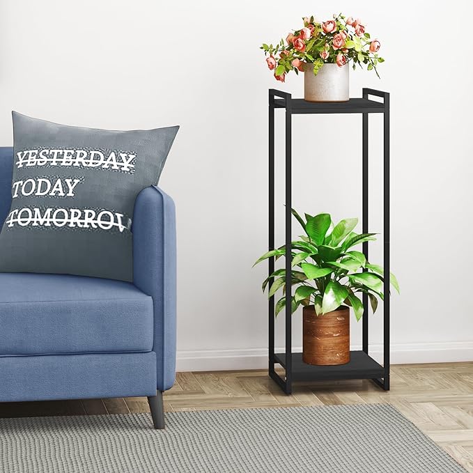 2-Tier Plant Stand Indoor, 34" Tall Modern Plant Shelf Corner Flower Pot Holder Organizer for Living Room Balcony Garden, Black