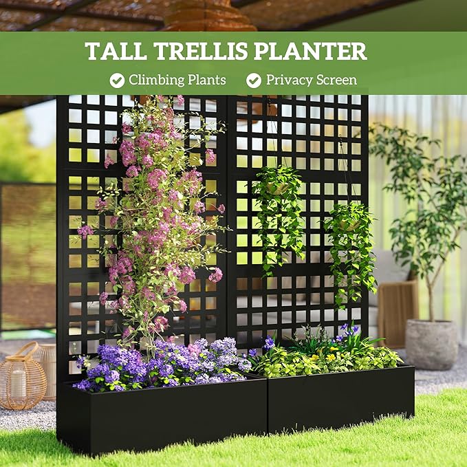 Outsunny Galvanized Raised Garden Bed with Trellis, Metal Planter Box with Drainage Holes, Outdoor Privacy Screen for Climbing Plants, Vegetable, Vines, 35" x 16" x 70", Black