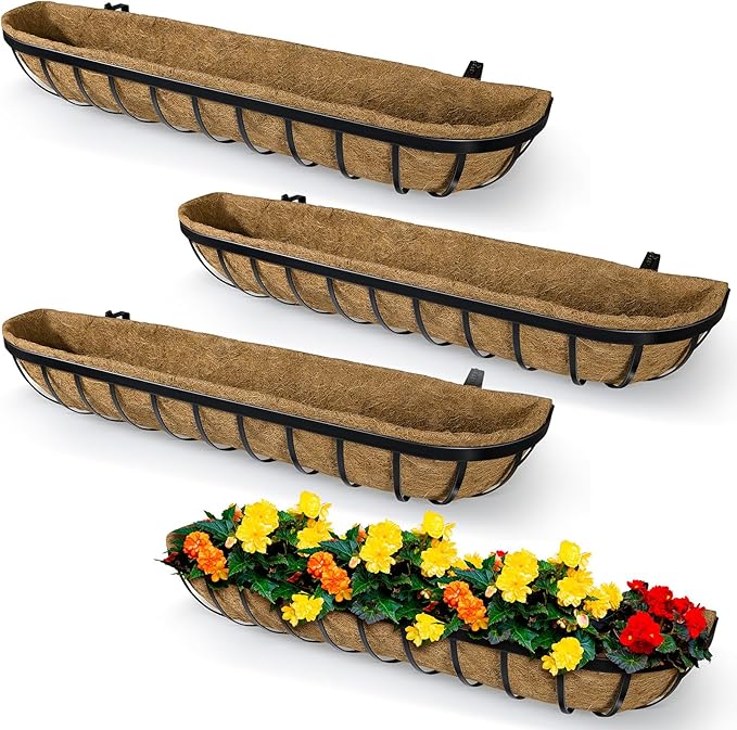 4 Pack 36 Inch Window Deck Railing Planter Boxes with Coconut Liner, Large Hanging Window Flower Boxes Metal Railing Planter for Balcony Fence Porch (4, 36 Inch)