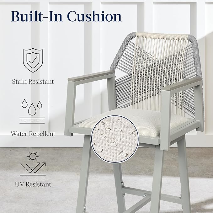 Best Choice Products Outdoor Bar Stools Set of 2, Bar Height, 360° Swivel Aluminum Frame, All-Weather Woven Rope Chair Design w/Armrests - Gray/Meteor