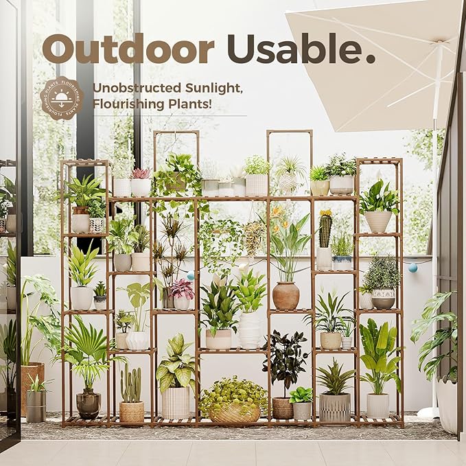 Bamworld Plant Shelf Indoor 30 Pots Large Plant Shelf Wide Tall Outdoor Plant Holder Wood for Multiple Plants Plant Rack for Living Room Garden Balcony Flower
