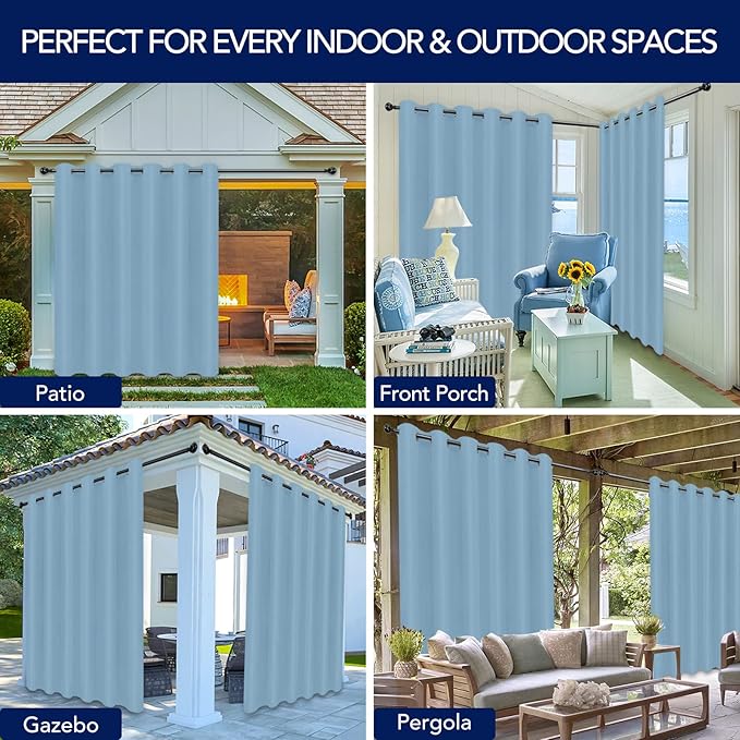 PureFit Outdoor Curtains for Patio Waterproof Weatherproof, UV Resistant Outside Curtains for Gazebo, Front Porch, Pergola, Sun Blocking Privacy Curtain, 100W x 95L inch, 1 Panel, Sky Blue