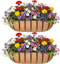 24“ Window Box Railing Planter with Coco Liner Metal Wall-Mounted Coconut Liner Planter Basket English Horse Trough Planters for Outdoor Deck Balcony Porch Fence Patio Black (2 Pack)