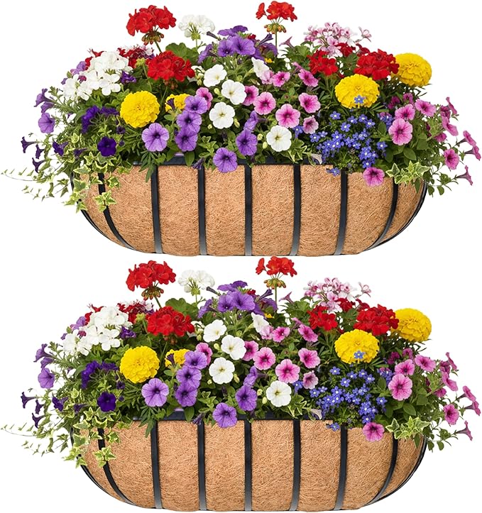 36“ Window Box Railing Planter with Coco Liner Metal Wall-Mounted Coconut Liner Planter Basket English Horse Trough Planters for Outdoor Deck Balcony Porch Fence Patio Black (2 Pack)