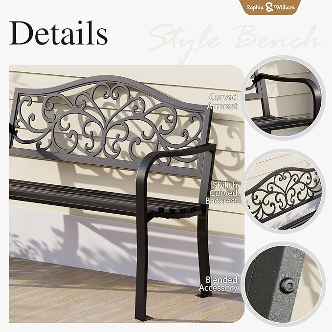 Sophia & William Outdoor Bench, Metal Garden Bench, Cast Iron Park Benches for Outside with Floral Design Backrest, Black