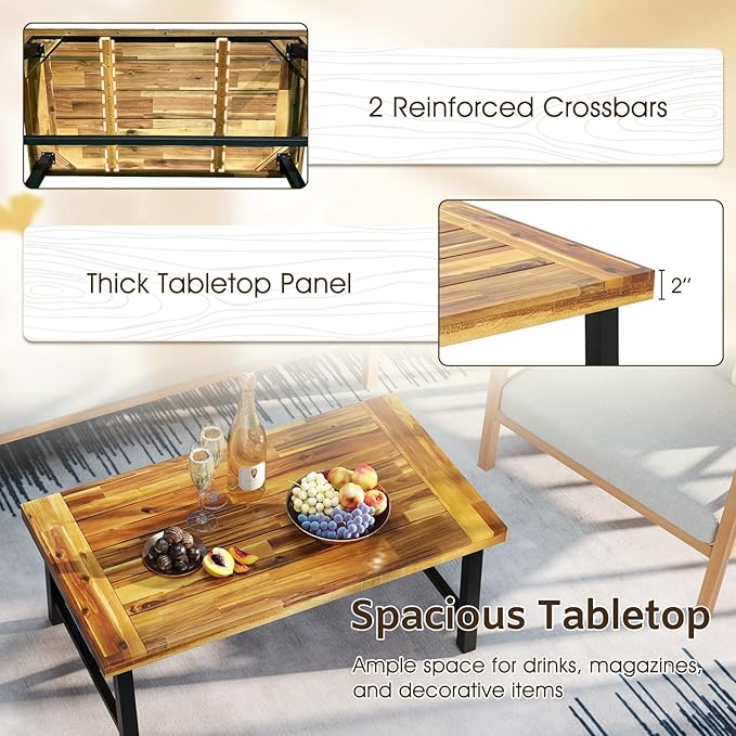 Tangkula Outdoor Acacia Wood Coffee Table, Rectangle Rustic Accent Table with Thickened Top & Heavy-Duty Metal Legs, for Patio, Deck, Garden, Natural