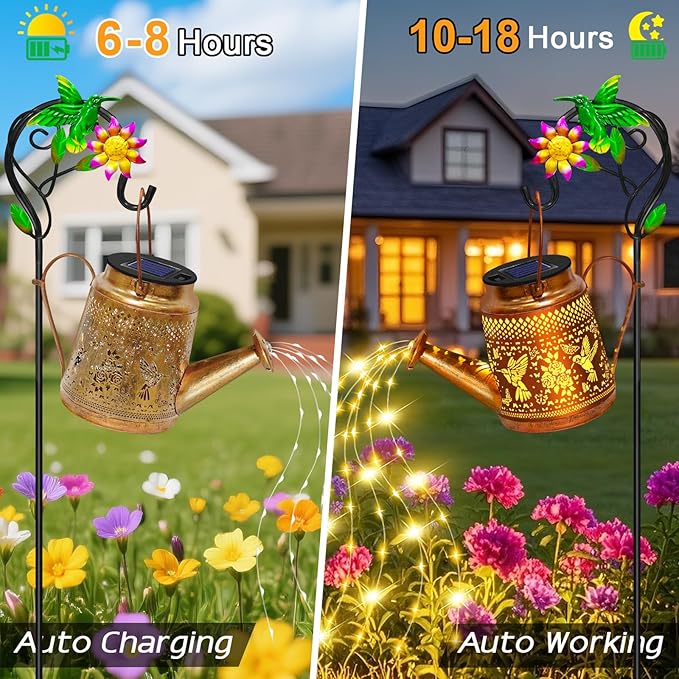 2 Packs Solar Watering Can Lights Hummingbird Garden Decor,Hanging Lanterns Outdoor,Birthday Gift for Mom Women Grandma,Waterproof Solar Fairy String Decorative Outside Lights for Yard Art Patio Porch