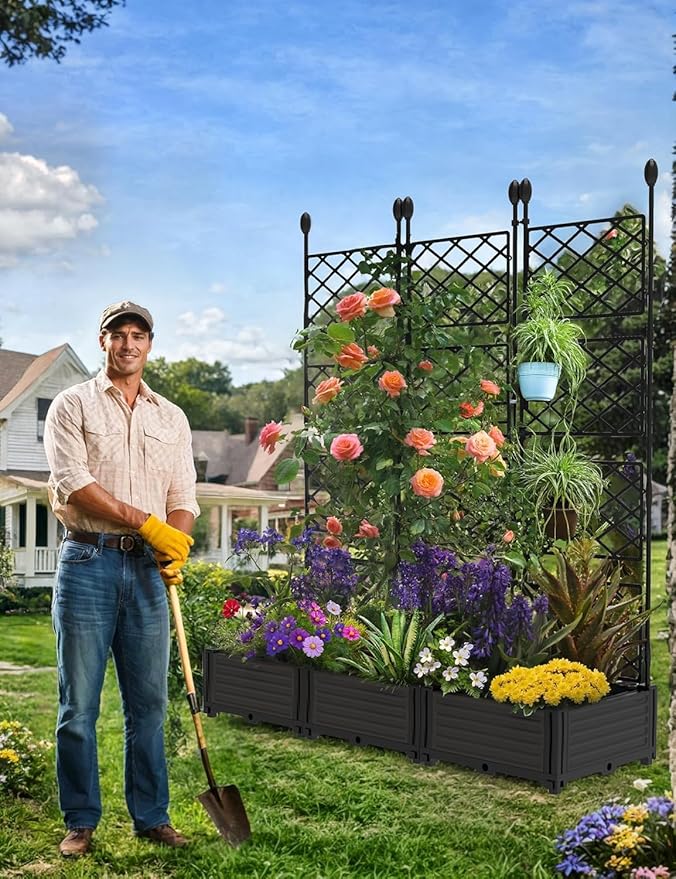 IDEALHOUSE Raised Garden Bed Kit with Trellis, Vertical Metal Planter Box for Small Space, Balcony Privacy Screen for Climbing Plants & Flowers, Patio Vertical Gardening Solution, Black