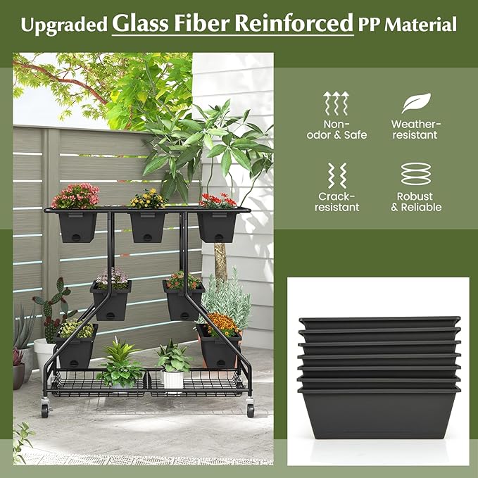 Giantex Rolling Raised Garden Bed w/ 7 Planter Boxes, Storage Baskets, Drainage Holes, 4 Lockable Casters, 3-Tier Freestanding Elevated Planter for Strawberry Vegetable Flower Herb