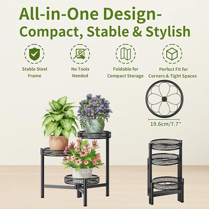 3 Tier Metal Plant Stand Indoor Outdoor, Corner Tall Plant Shelf for Multiple Plants, Foldable Heavy Duty Plant Holder, Decoration Flower Pot Stand for Patio Living Room Balcony Garden - BlackFlower