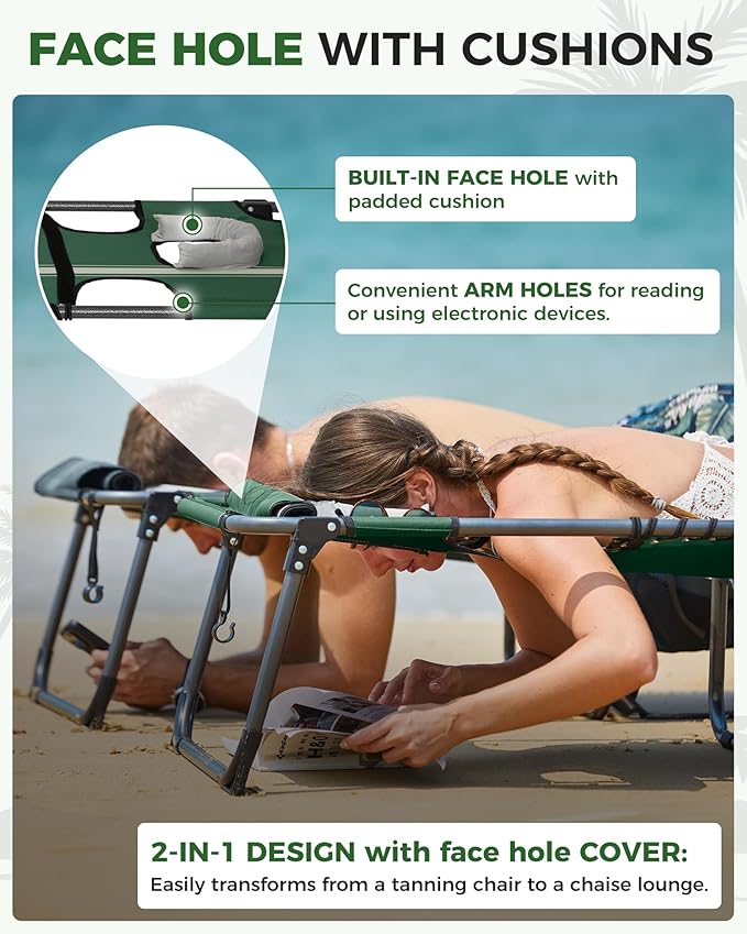 KingCamp Tanning Chair with Face Hole, Lounge Chairs Outdoor Folding Comfy Adjustable 5-Position Foldable Chaise Chaser with Canopy Shade for Outside Beach Patio Sun Bathing Pool, Green/White