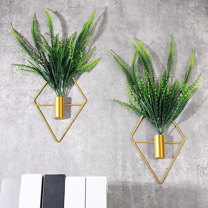 2 Pieces Gold Wall Decor Hanging Planters with Artificial Plants Metal Vase Indoor Plants Holder Modern Geometric Wall Art for Home Bathroom Bedroom Living Room Office(Boston Fern,Large)