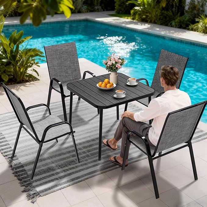 Pamapic Outdoor Dining Sets for 4, Square Steel Slat Table with 4 Textilene Chairs, 5 Piece Patio Table and Chairs Set with Adjustable Umbrella Hole for Patio,Garden, Backyard, and Poolside (Grey)