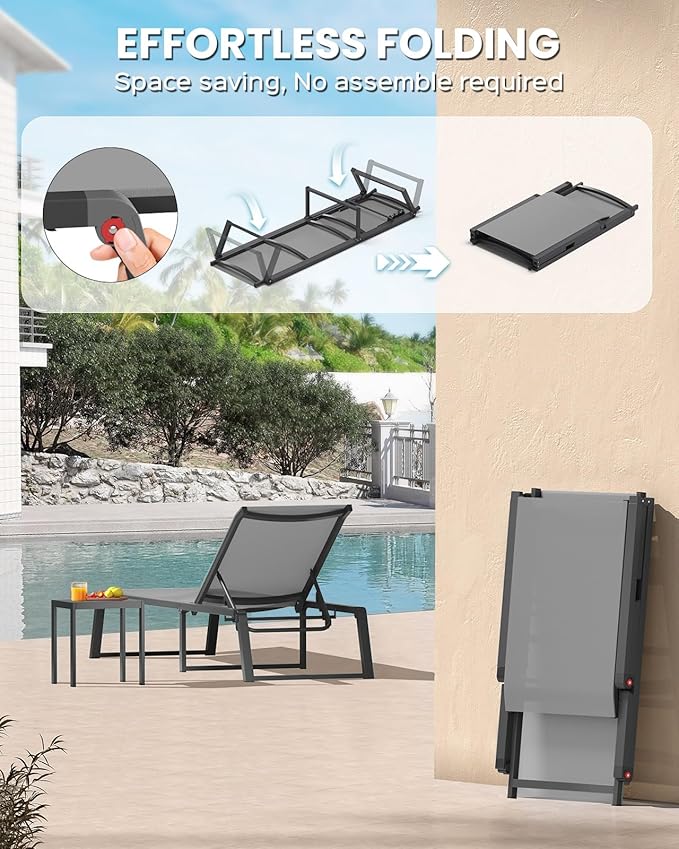 Aluminum Pool Lounge Chairs Set of 2 with 1 Side Table, Foldable Outdoor Chaise Lounge 5-Position Lounge Chirs for Outside Poolside, Fully Grounded Legs Sun Lounger for Beach, Yard, Dark Grey