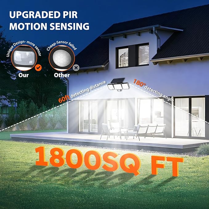 WdtPro Solar Lights Outdoor Flood Light 3 Pack, 3500LM Bright Motion Sensor Outdoor Lights, 3 Heads & Upgrade Glass Panel, LED Solar Powered Security Light Spotlights Waterproof for Outside Yard