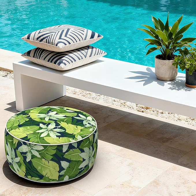 LVTXIII Indoor/Outdoor Inflatable Ottoman with Handle D21 x H9 Inch, Weather-Resistant Round Footstool Pouf for Patio Camping Living Room, Portable Footrest Extra Seating, Jungle Leaves