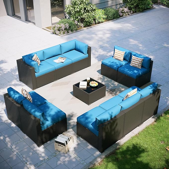 Aoxun Patio Furniture Set, 11 Piece Outdoor Sectional Sofas with Waterproof Cover, 10 Seats Wicker Rattan Outdoor Furniture Patio Conversation Set for Backyard, Garden Peacock Blue