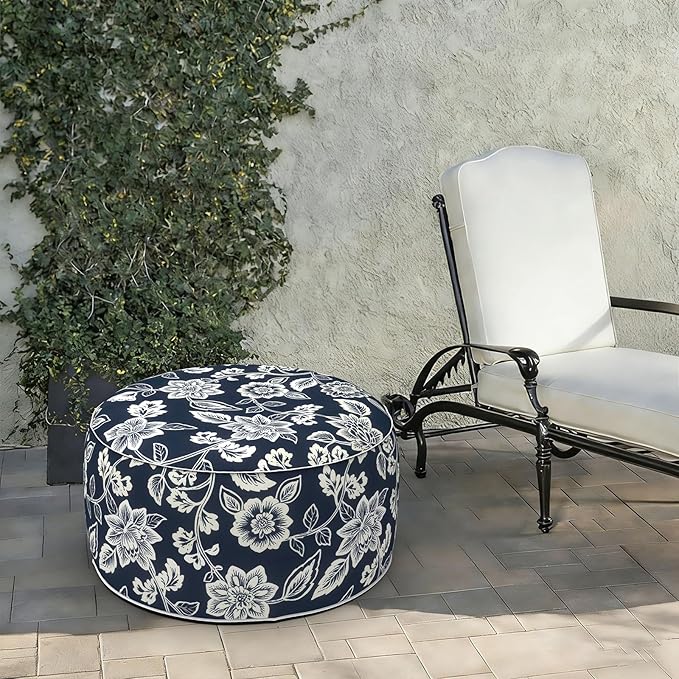 LVTXIII Indoor/Outdoor Extra Large Inflatable Ottoman Pouf D31 x H14 Inch, Round Footstool with Handle, Weather-Resistant Portable Furniture for Patio, Camping, Beach, Elegant Vines Navy