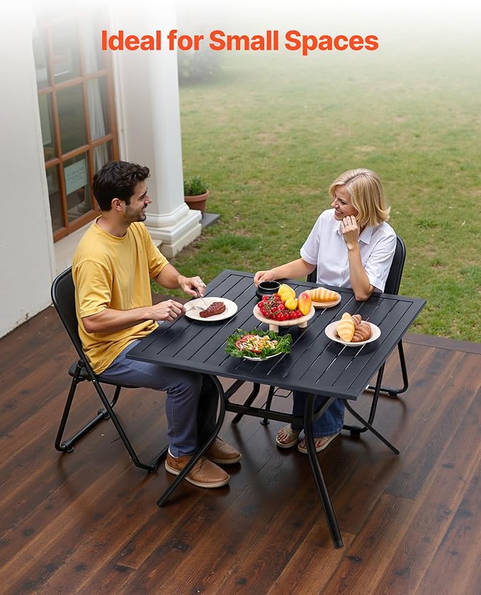 VEVOR Outdoor Patio Dining Table, 37 inch Square Metal Steel Slat Backyard Bistro Tables, with 1.5 in Umbrella Hole, Outside All-Weather Large Furniture for Lawn Garden Porch, Black