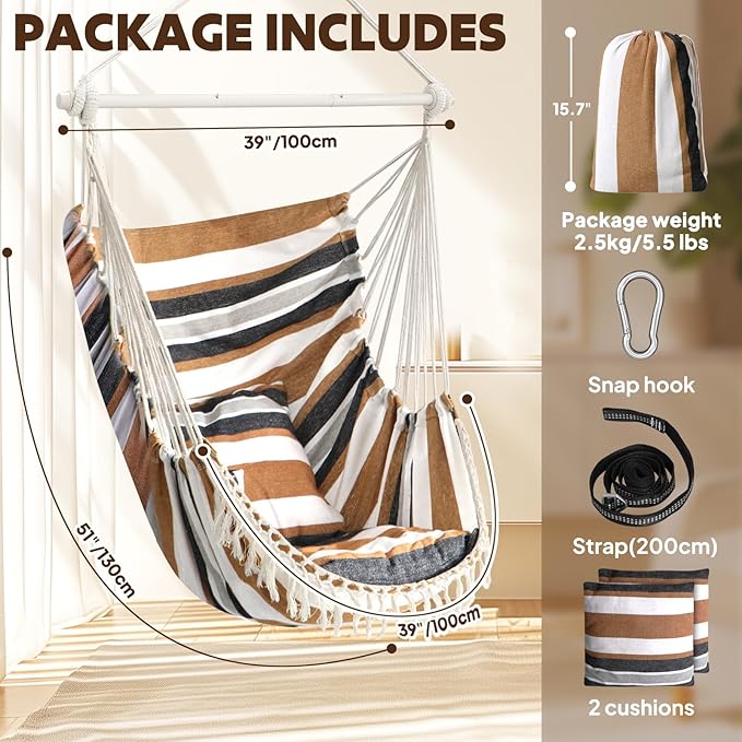 Chihee Hammock Chair Hanging Swing Max 500 Lbs 2 Cushions Included Metal Spreader Bar with Anti-Slip Grooves Portable Hanging Chair Side Pocket Large Macrame Bohemian Chair Indoor Outdoor