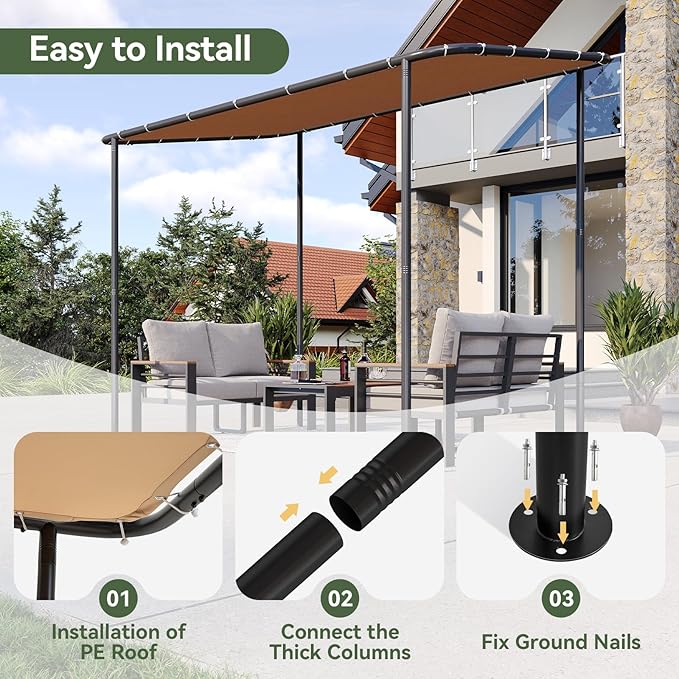 Aoxun 10x6 Lean to Gazebo Outdoor Pergola with Water Resistant & UV-Resistant, Wall-Mounted Canopy Sloped Roof Awning for Patio Backyard, Deck, or Garden Khaki