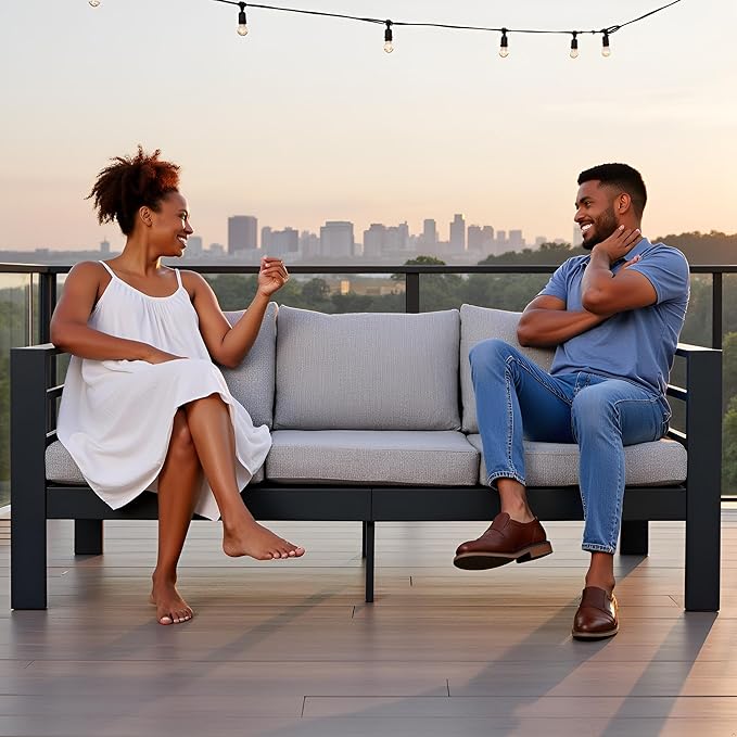 3-Seater All-Weather Iron Patio Sofa with Cushions - Heavy-Duty Metal Outdoor Sectional Couch for Garden, Poolside & Backyard (Modern Rust-Resistant Design)