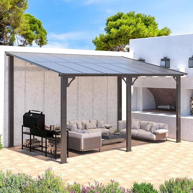 AECOJOY 14' x 8' Gazebo Outdoor Pergola for Patio, 8x14 Hard Top Lean to Gazebo Shelter Pergolas and Gazebos Clearance with Patio Roof, Large Wall-Mounted Heavy Duty Awnings for Decks, Backyard
