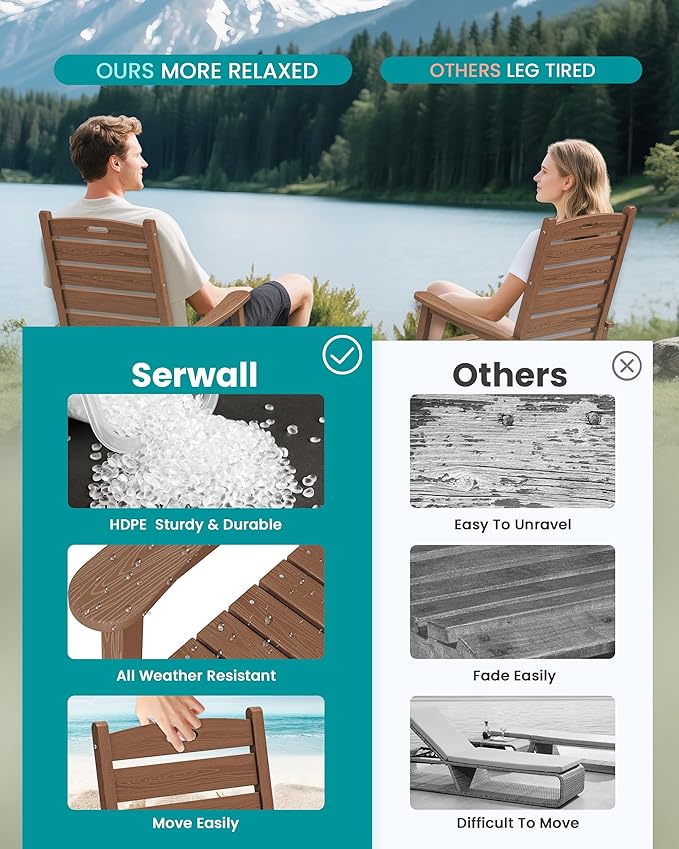 SERWALL Outdoor Rocking Chair Set of 4, Oversized HDPE Patio Rocking Chair with Footrest for Adults, All Weather Porch Rocker for Deck Patio Balcony, Brown