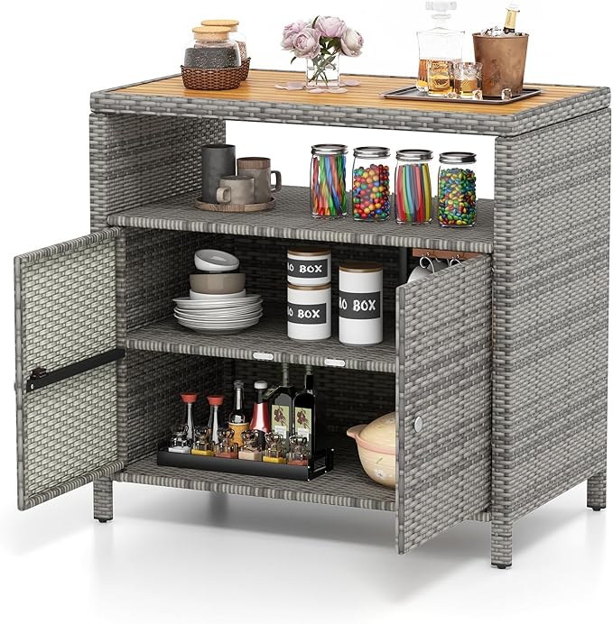 Tangkula Rattan Outdoor Storage Cabinet, Patiojoy Outdoor Cabinet with Acacia Wood Countertop, Open Compartment, 2-Door Wicker Sideboard, Outdoor Bar for Patio Garden Backyard Poolside (Mix Grey)