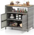 Tangkula Rattan Outdoor Storage Cabinet, Patiojoy Outdoor Cabinet with Acacia Wood Countertop, Open Compartment, 2-Door Wicker Sideboard, Outdoor Bar for Patio Garden Backyard Poolside (Mix Grey)