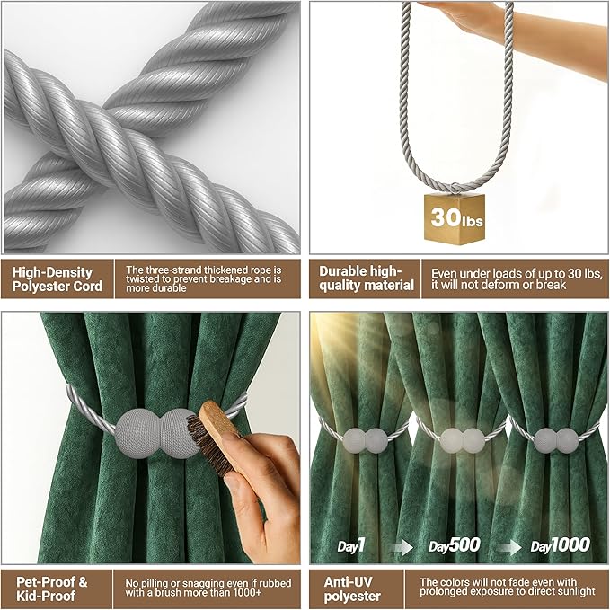 Hion Magnetic Curtain Tiebacks Grey 6 Pack, Curtain Tiebacks Buckles Holdbacks Holders Hooks Clip for Home Bedroom Office Decorative Thick or Thin Curtain