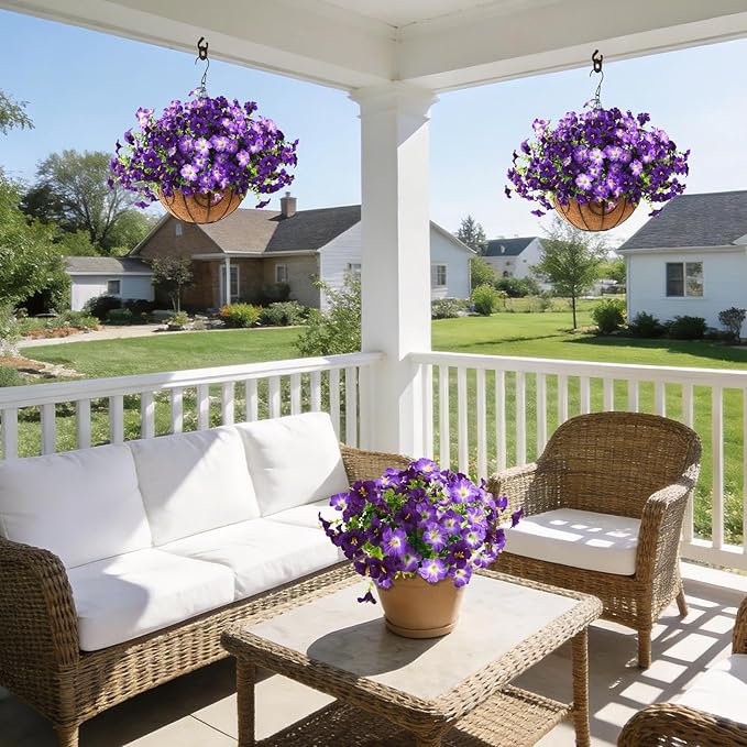 INQCMY Artificial Flowers for Outdoors Fake Plants Spring Decoration, 12 Bundles Faux Petunias UV Resistant Realistic Silk Flower for Outside Planters Patio Porch Yard Window Box (Double Purple)