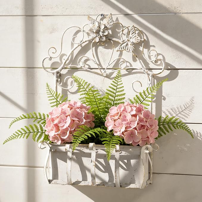 Rustic Metal Wall Planter Vintage Wall Mounted Flower Pot Farmhouse Distressed Wall Hanging Plant Basket with Floral & Butterfly Decor for Indoor Outdoor Garden Home Yard (White#2)