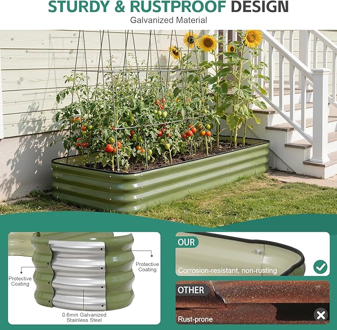 5 in 1Galvanized Raised Garden Bed - 8x3x1ft Modular Garden Planter Bed Outdoor | Steel Raised Bed Kit with Bracing Rods, Gloves for Gardening Vegetables Fruits and Flowers (Green)