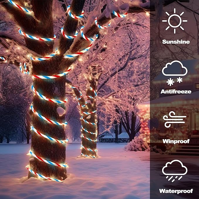 Jnaurb Christmas Candy Cane Lights, 66ft 480 LED Connectable White & Red & Blue Candy Cane Rope Lights for Outside, 8 Modes Waterproof LED Christmas Light for Garden Patio Tree Holiday Party Decor