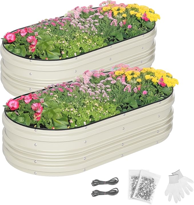 WORKPRO 2PK 4x2x1ft Outdoor Galvanized Raised Garden Bed Kit, Rust & Corrosion Protection, Easy Assembly, Safe Edge, Ideal for Vegetables & Flowers, White