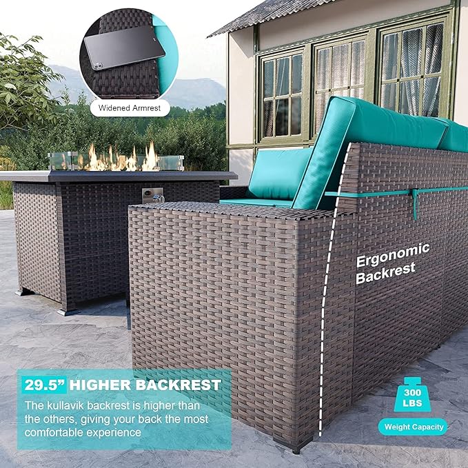 Kullavik 7 Pieces Outdoor Patio Furniture Set with 43" 55000BTU Gas Propane Fire Pit Table PE Wicker Rattan Sectional Sofa Patio Conversation Sets,Blue