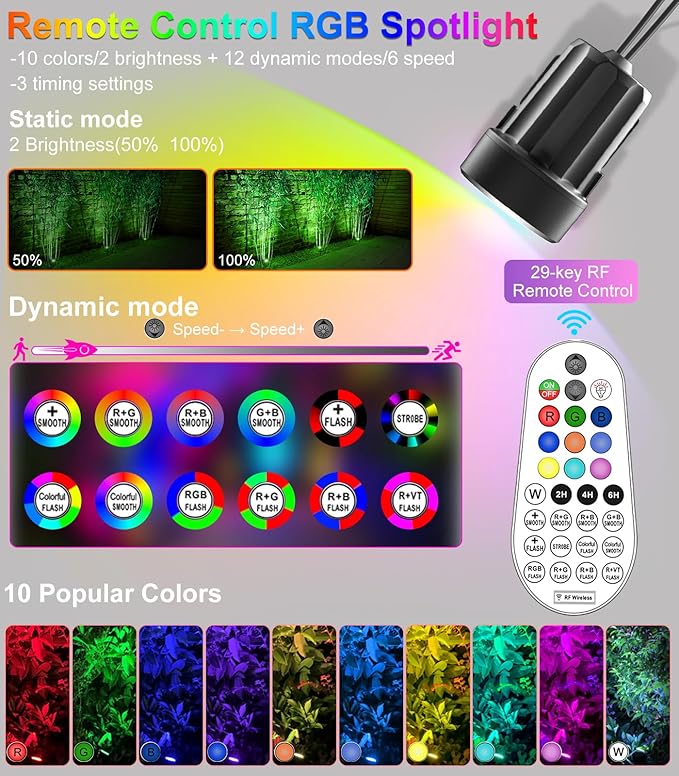 MEIKEE 6 in 1 RGB Solar Landscape Lights with Remote, RGB Color Changing LED Solar Spotlights, Outdoor Waterproof RGB Spot Lights for Garden Party Wedding Christmas Festival
