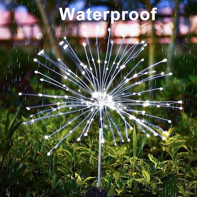 JJGoo Solar Firework Lights, 2 Pack 135 LEDs 2 Lighting Modes Solar Lights Outdoor Waterproof for Garden Patio Walkway Pathway Party Wedding Christmas Decorative - White