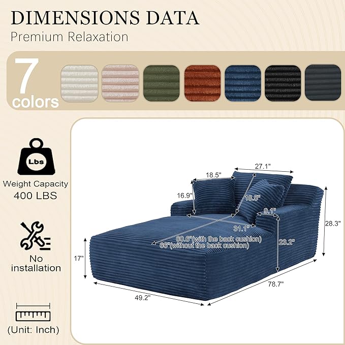 80 Inch Chaise Lounge Chair Indoor, Oversized Corduroy Upholstered Boneless Sofa Bed, Deep Seat Sleeper Couch Reading Chairs, Cloud Sofas Couches for Living Room, No Assembly Required (Blue)